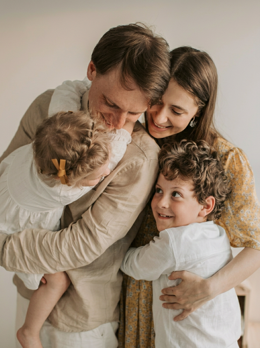 Family embracing, protected by life insurance